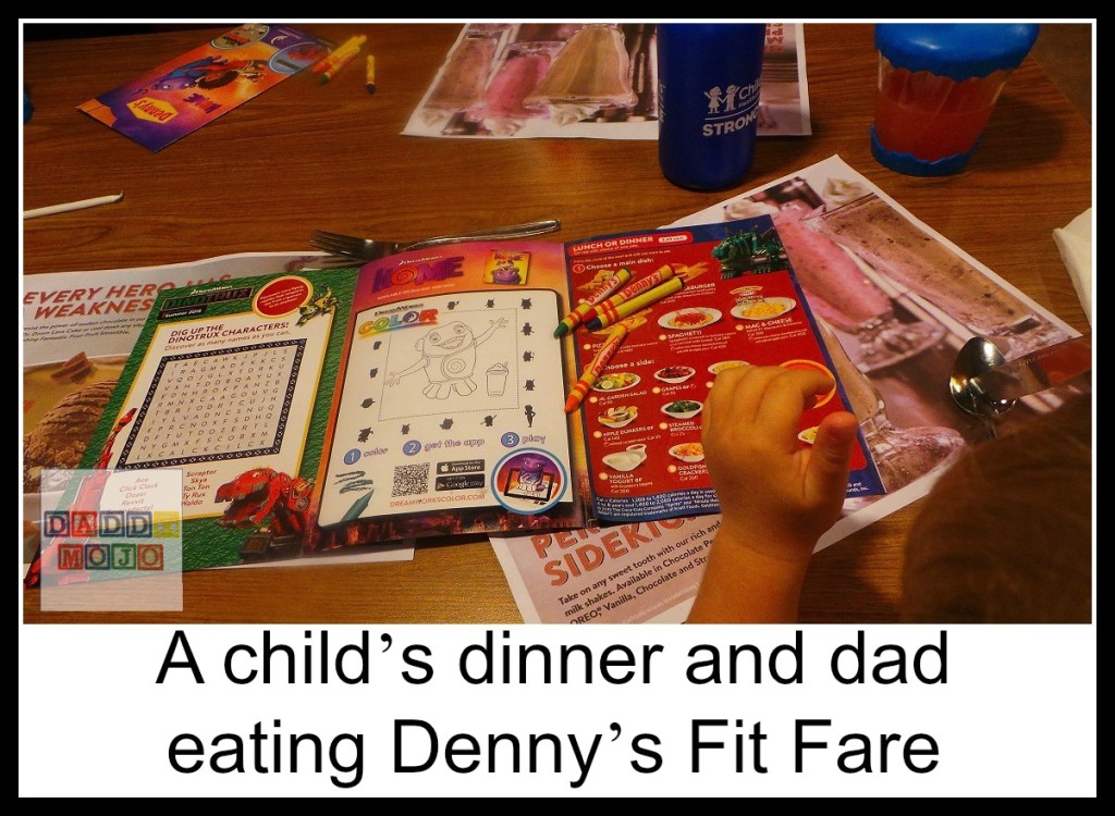 A child’s dinner and dad eating Denny’s Fit Fare