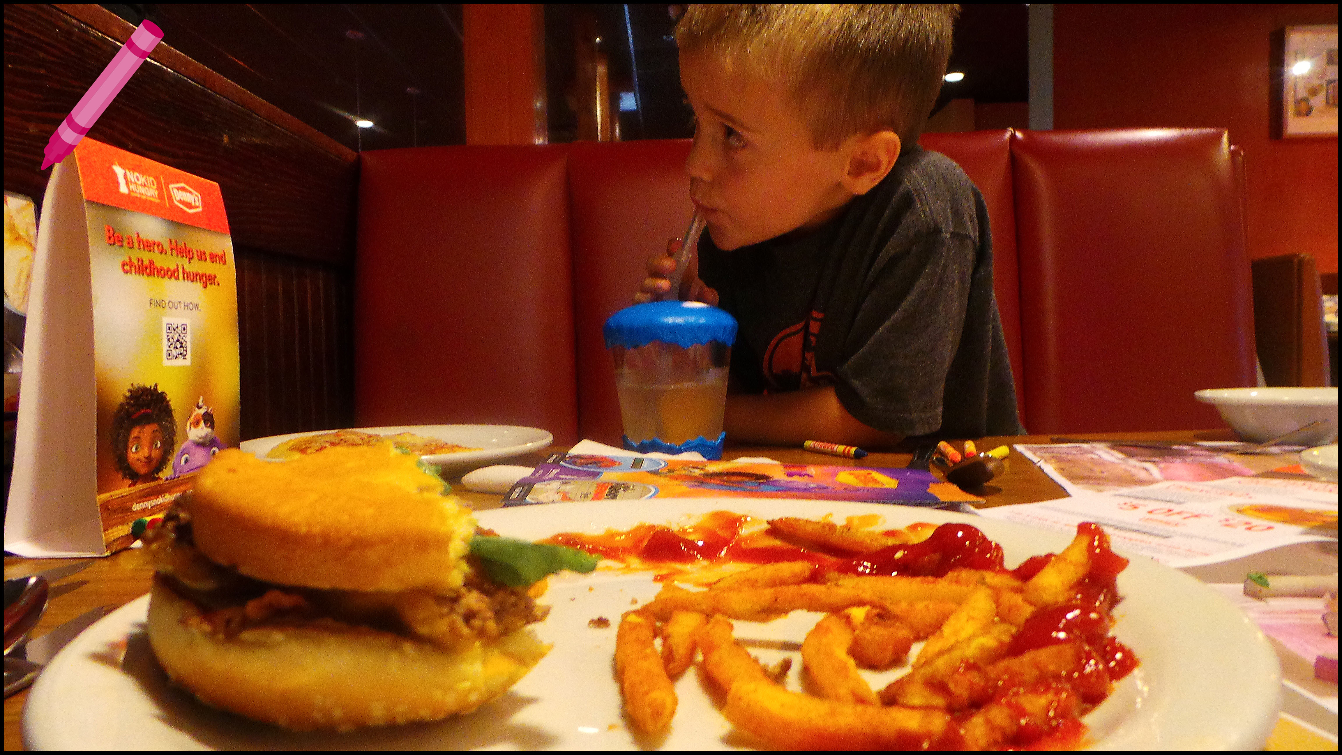 A child’s dinner and dad eating Denny’s Fit Fare