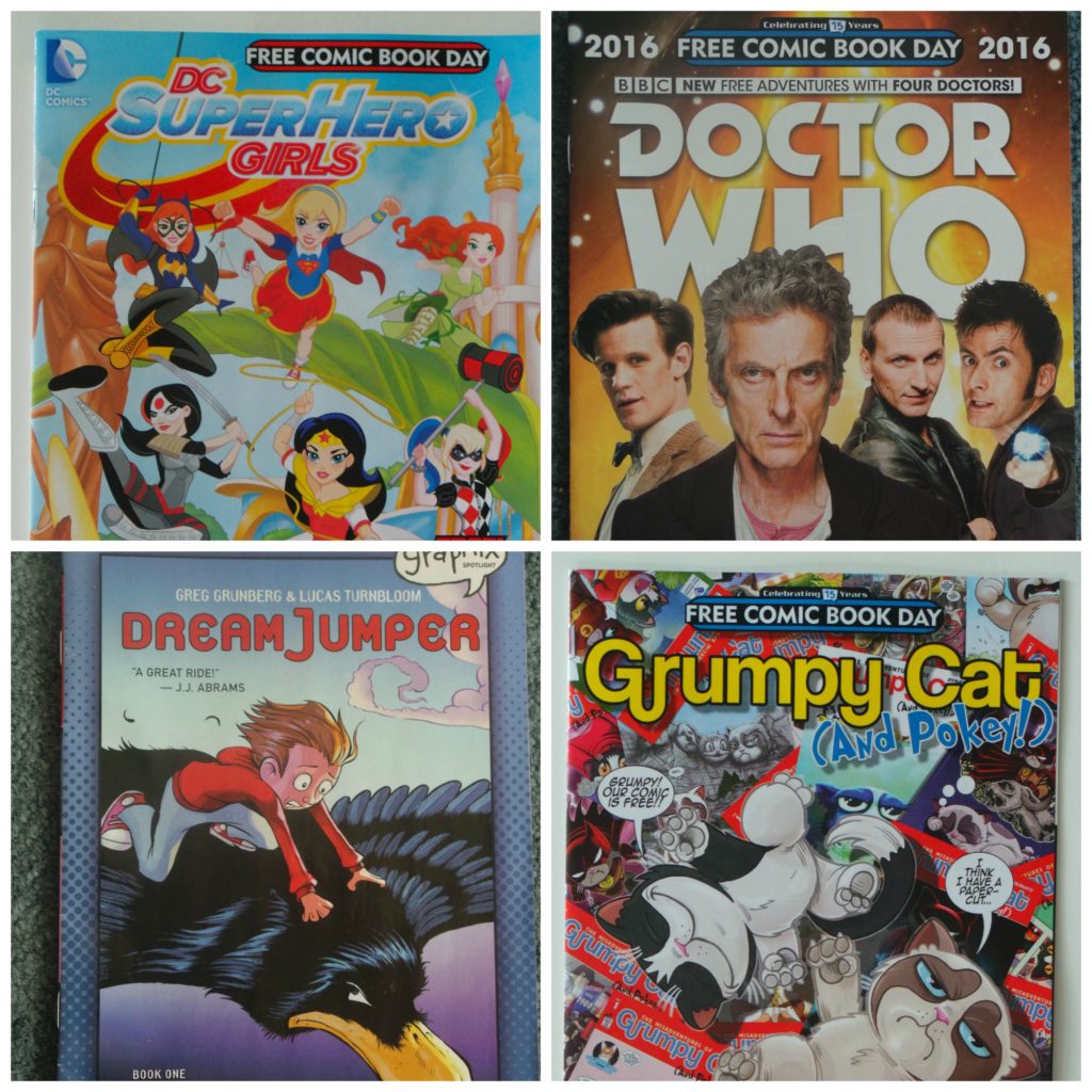 free comic book day, FCBD, doctor who, dc superhero girls, dream jumper, grumpy cat