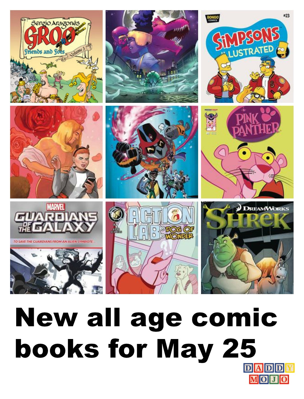 All age comic books, Moon Girl and Devil Dinosaur, shrek, pink panther, teen titans go, guardians of the galaxy, action lab Dog of wonder, squirrel girl, batman 66, spider man, teenage mutant ninja turtles, action cat and adventure bug, Disney princess, joe books, Garfield, Groo, Madagascar, Simpsons illustrated, back to the future, doctor who, munchkin, welcome to showside