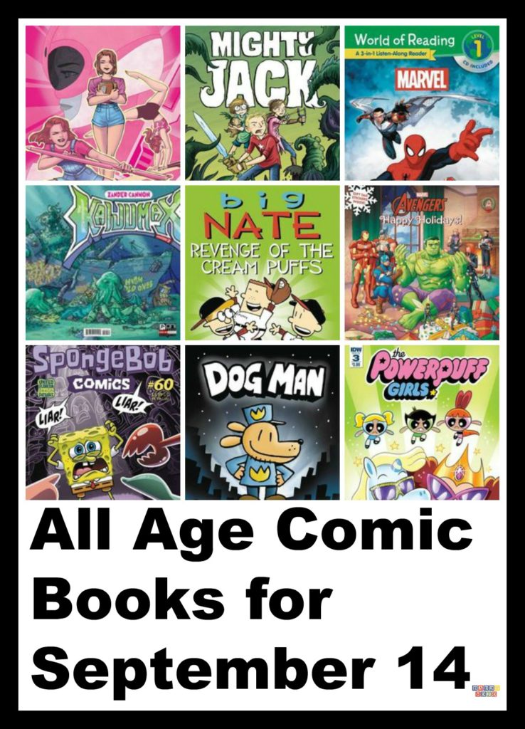 Doctor who, Powerpuff girls, Power Rangers, Mighty Morphin Power Rangers, World of reading, Mighty Jack, Kaijumax, Spongebob Comics, Monty the dinosaur, Dog man, Dav pilkey, Big Nate, comic books, all age comic books, graphic novel