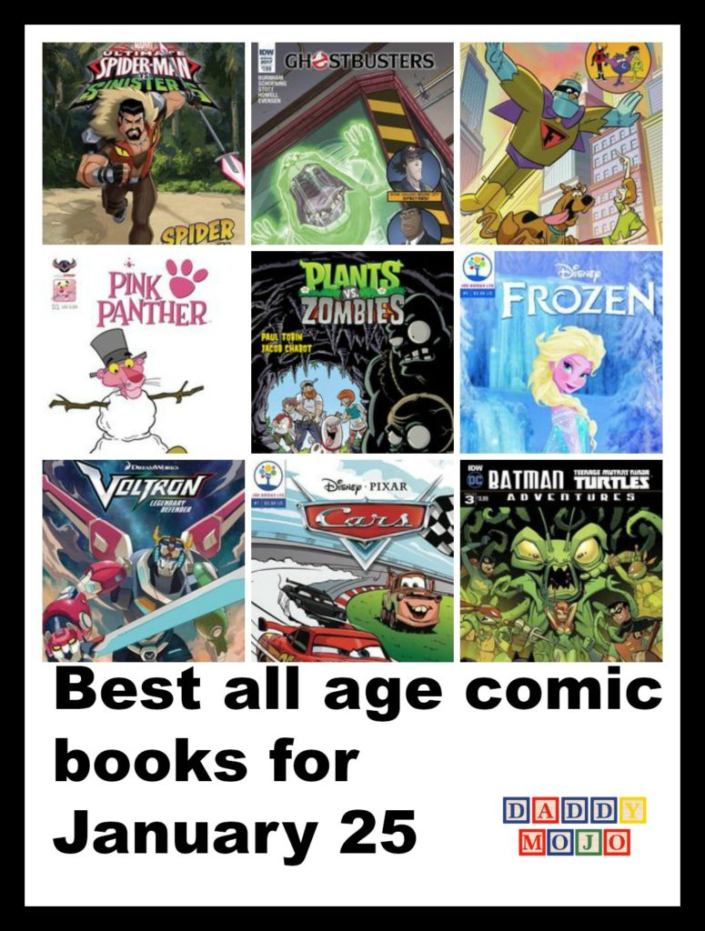 Great week for all age comic books: Scooby Doo, Lumberjanes, Sonic, Pink Panther Snow Day, lots of Disney and the best superhero crossover we’ve seen in years.