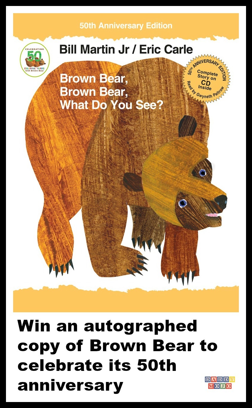 This is a giveaway for an autographed 50th anniversary edition of Brown Bear, Brown Bear, What Do You See by Bill Martin Jr. and Eric Carle and swag.