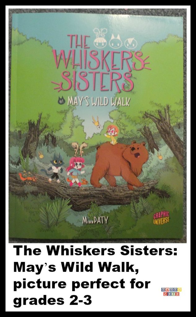 Cover for The Whisker Sisters: May’s Wild Walk is a vibrant, detailed early reader graphic novel for kids in 2nd or 3rd grade.  