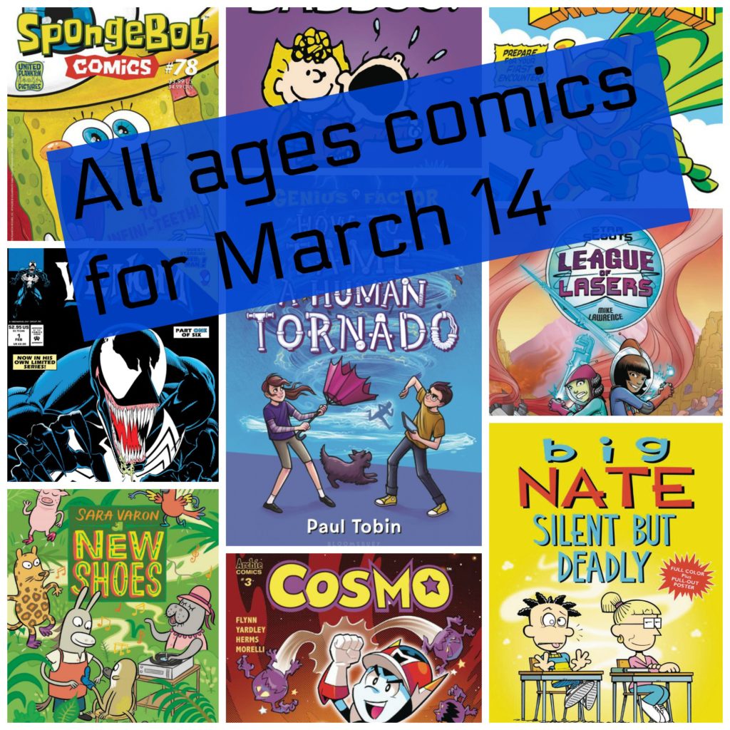 Human tornado, paul tobin, Adventure time, adventure time comics, Big nate, big nate silent but deadly, Ducktales, new shoes, sara varon, peanuts, all age comics, all ages comics, comic books, spongebob, spongebob comics, encounter, Cosmo, rockos, rockos modern life, how to tame a human tornado