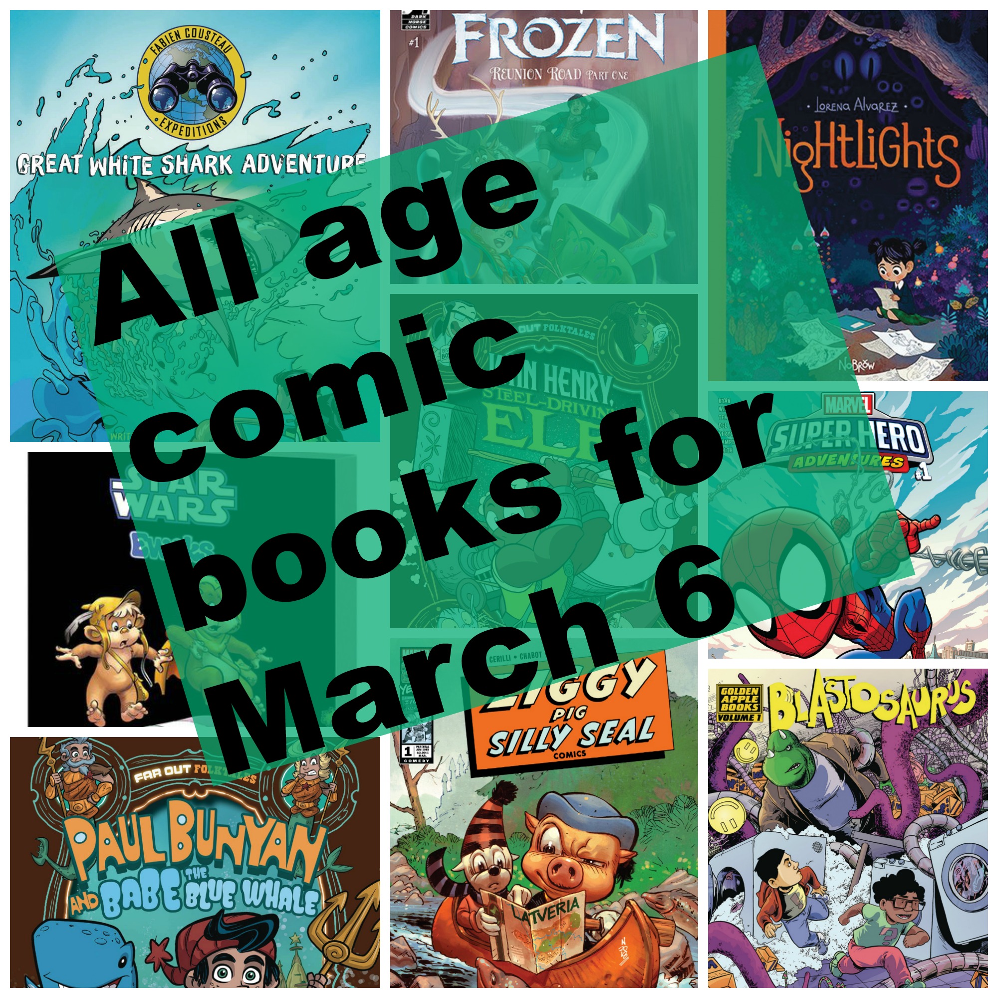 all age comics, all age comic books, comic books, marvel, marvel super hero adventures, shark, great white shark adventure, frozen, Disney frozen, dark horse, graphic novel