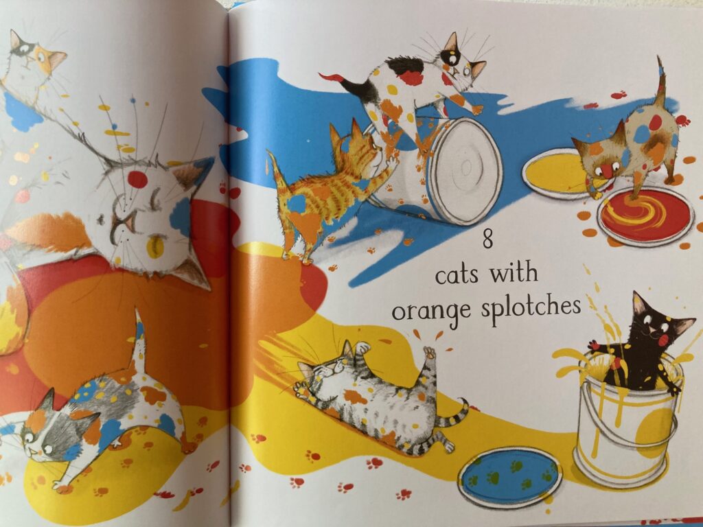 10 Cats is a counting book that asks pre-k or K kids to use logic, observation, humor, a cat and nine kittens to add up to something fun.