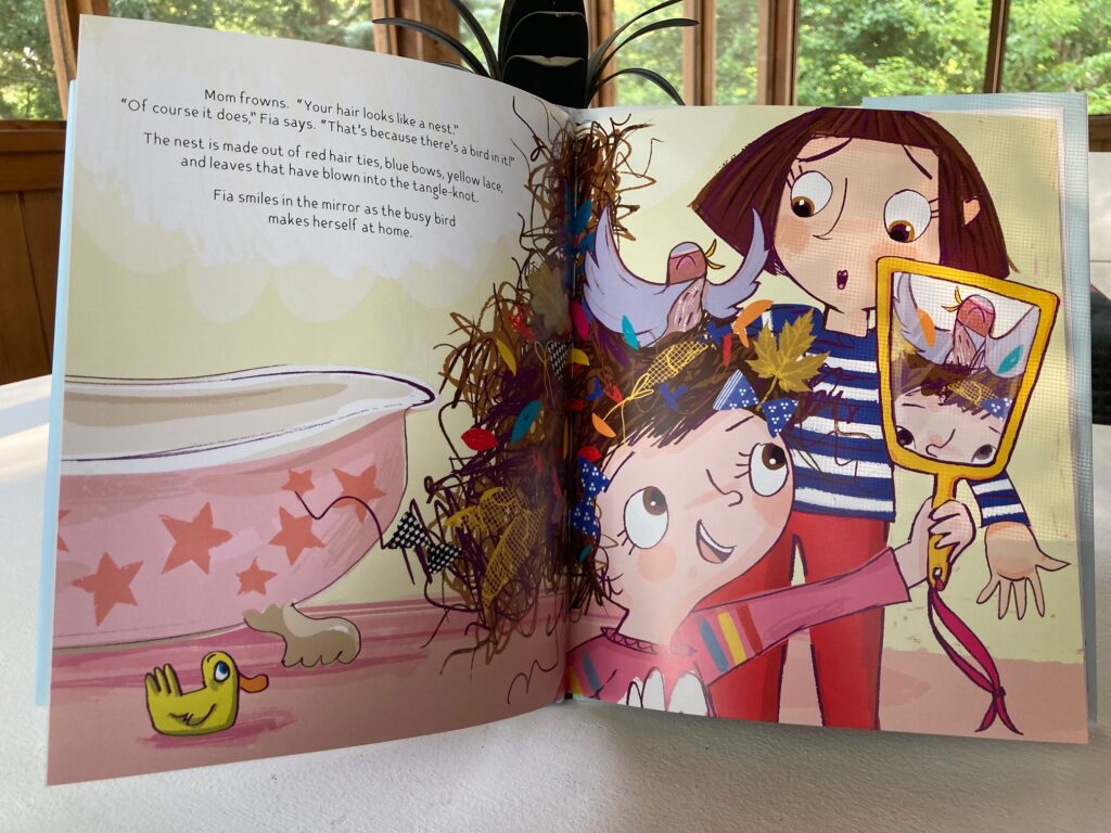 Tangle-Knot is an illustrated book that’s full of big, silly laughs about a girl whose hair is so unkempt that a bird comes to live in it, but it also teaches something.