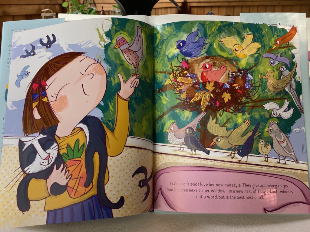 Tangle-Knot is an illustrated book that’s full of big, silly laughs about a girl whose hair is so unkempt that a bird comes to live in it, but it also teaches something.