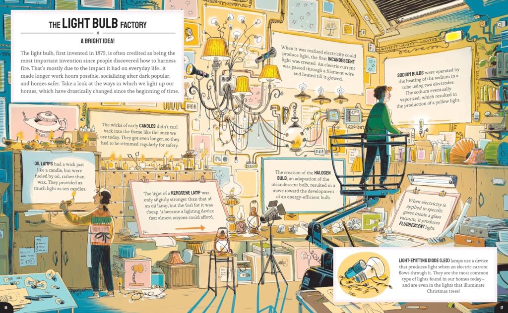 The Inventor’s Workshop is a fun, easy-to-read illustrated book about inventors, their inventions, and how they’ve morphed over time.