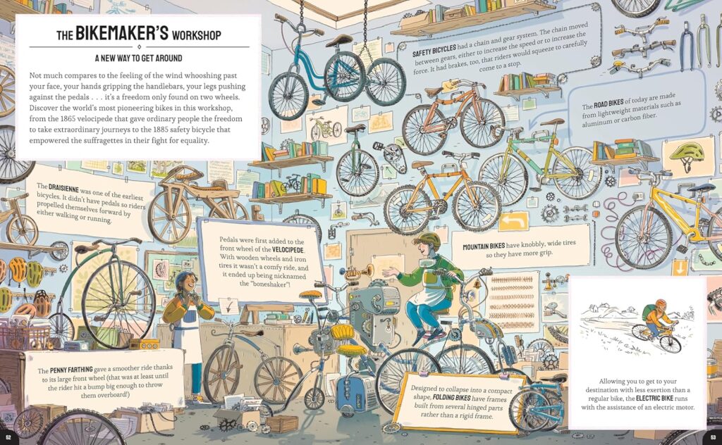 The Inventor’s Workshop is a fun, easy-to-read illustrated book about inventors, their inventions, and how they’ve morphed over time.